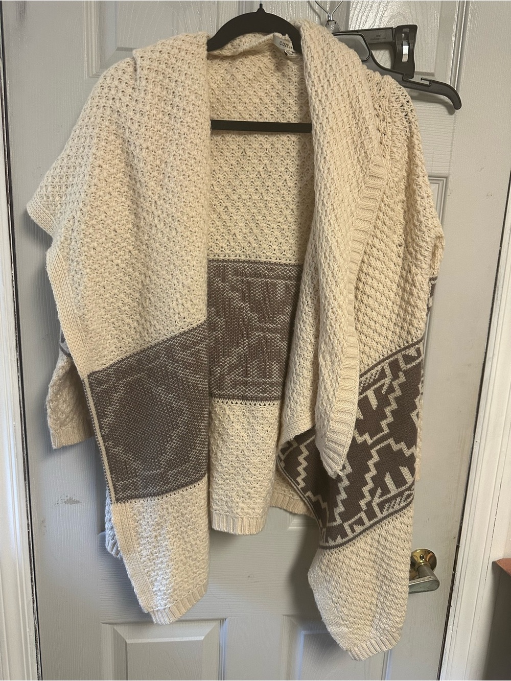 Cozy Casual Cream and Brown Patterned Open-Front Women's Cardigan